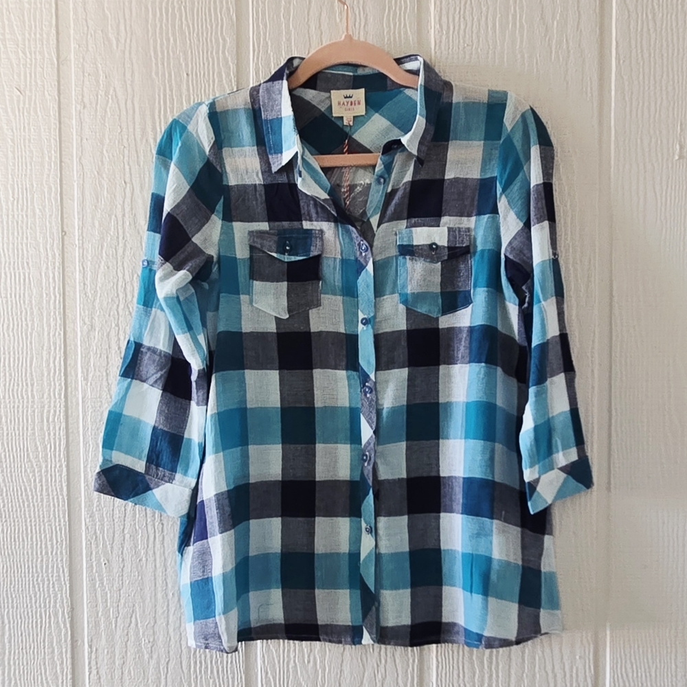 HAYDEN GIRLS Oversized Blue Plaid Button Down Longsleeve Pockets NWT sz 11/12